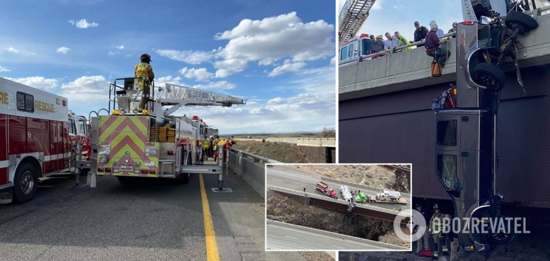 В США пикап с людьми повис с моста над пропастью. Видео спасения